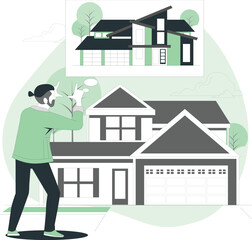 A person capturing a modern house with a garage and trees beside it