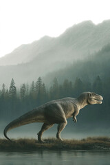 Carcharodontosaurus roams a primeval landscape with mountains and lakes