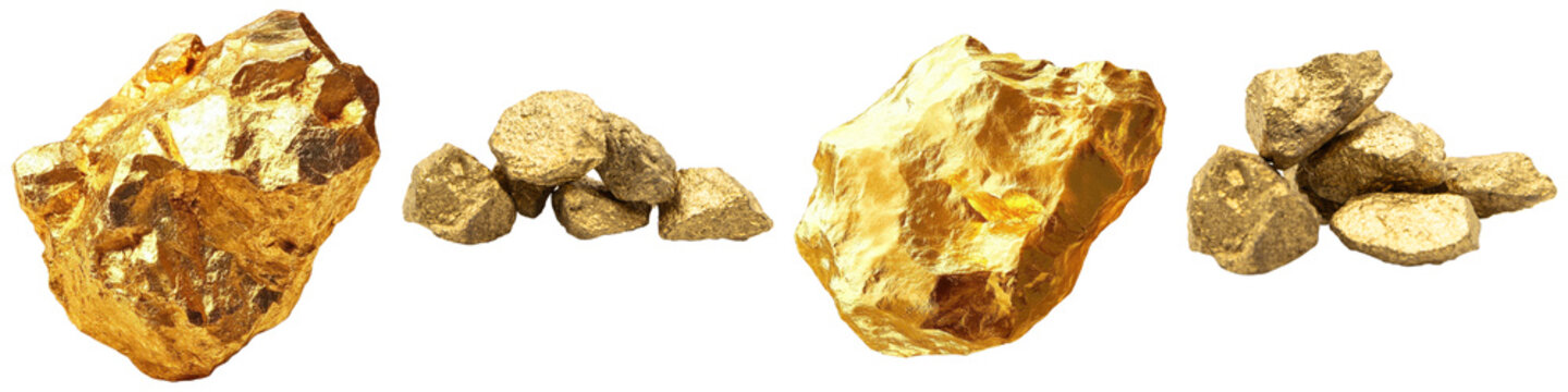 close-up realistic photograph of several raw natural gold nuggets and clusters, symbolizing wealth, prosperity, and precious metals.