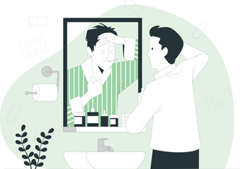 A man stands in front of a bathroom mirror adjusting his hair