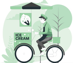 A vendor selling ice cream from a bicycle in a serene outdoor setting