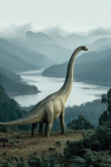 Nigersaurus explores a lush landscape near tranquil lakes and towering mountains