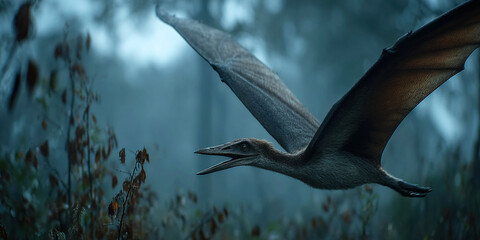 Pterodactyl soaring above primeval forest mountains in a misty landscape