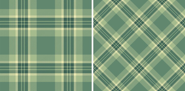 Elegant plaid patterns in soft green hues. Two textile designs one classic grid, one diagonal. Ideal for backgrounds, fabric, or rustic designs. Versatile  timeless.