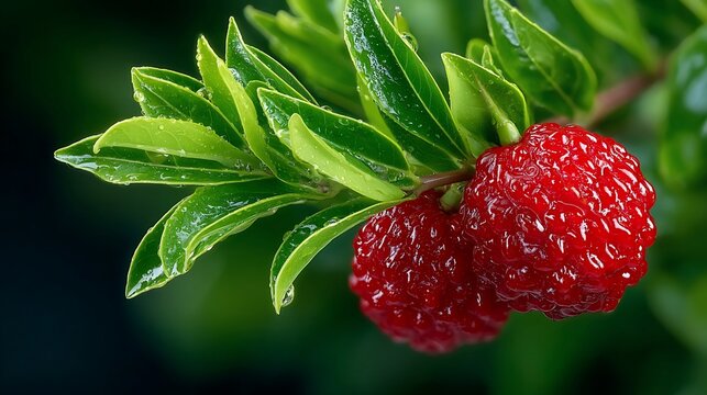 Close-up of vibrant red ripe yangmei berries and lush green leaves with water droplets
