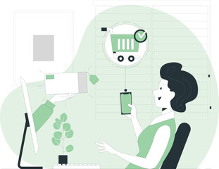 Woman working on computer and holding a mobile phone in a modern workspace with shopping cart icon displayed