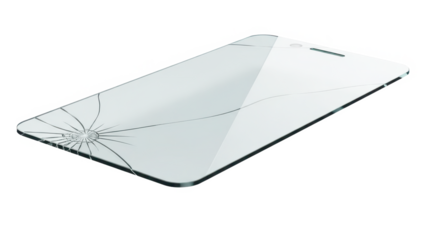 Broken smartphone screen protector with spiderweb cracks and impact damage