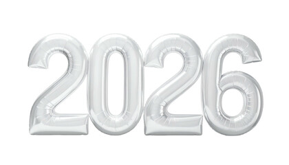 Silver inflated numerals spell 2026 floating against a black background