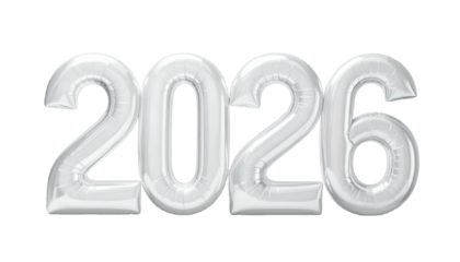 Silver inflated numerals spell 2026 floating against a black background