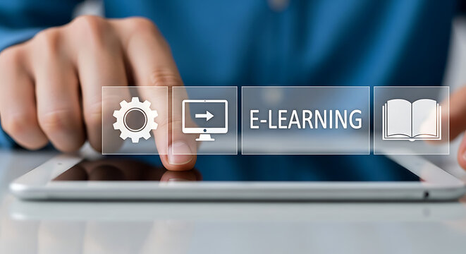 E Learning experience with digital learning on a tablet for study work online - Powered by Adobe