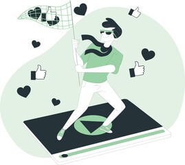 A woman enthusiastically promoting social media interaction on a smartphone screen displaying likes and hearts