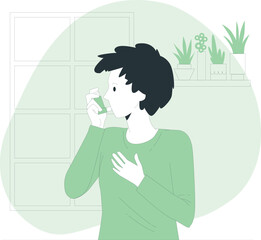 A person using an inhaler in a serene indoor environment surrounded by plants