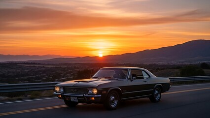 Obraz premium Vintage car driving on highway at sunset.