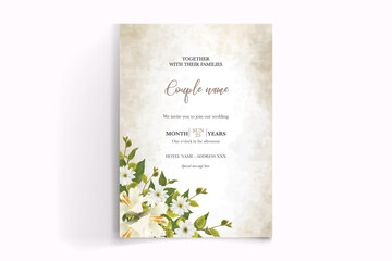 WEDDING INVITATION FRAME WITH FLOWER DECORATIONS AND FRESH LEAVES