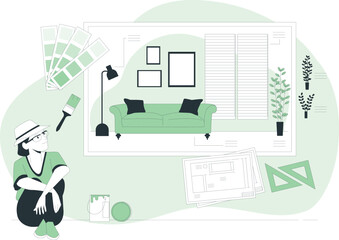 Illustrator working on interior design project in a serene and modern workspace