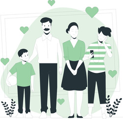 A family of four standing together surrounded by hearts in a serene environment