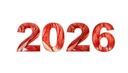 Text "2026" with muscle tissue fill on black background