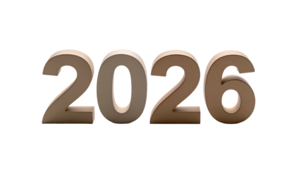 Beige 3D "2026" digits with soft shadows on a black background