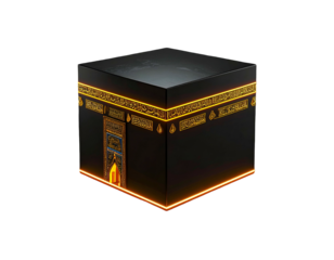 Illuminated, cube-shaped structure with gold detailing, on a black background