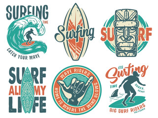 Summer Surfing Print Set with Surfer on Wave, Shaka Hand, Tiki Mask and Surfboard, Colored Vector T Shirt Design for Hawaii Apparel © HOO 