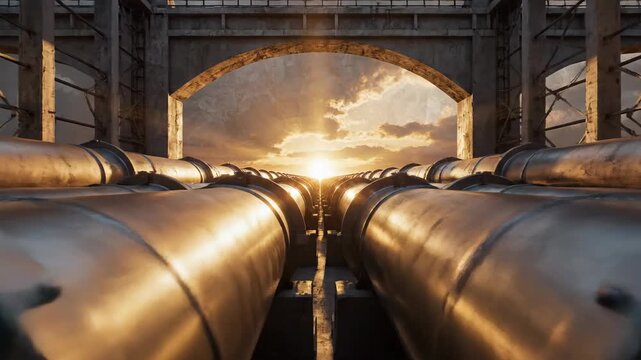 Sunlit Industrial Pipelines Stretch Through Dark Archway.
