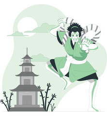 Martial artist in green kimono performs dynamic stance near serene pagoda at dusk