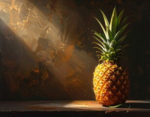 Tropical Pineapple on Dark Background with Golden Light