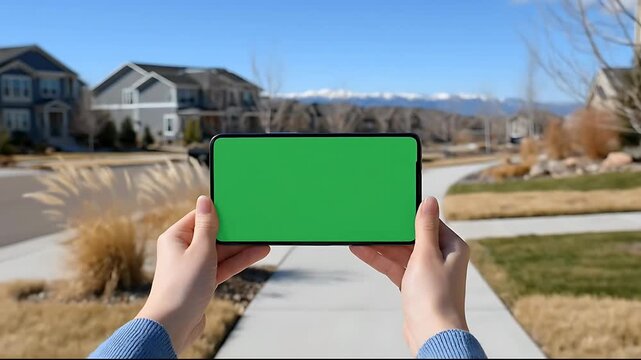 A person holding a device with a green screen in a suburban neighborhood