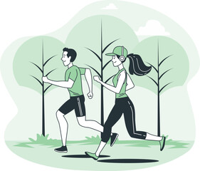 Couple jogging together in a serene park surrounded by trees on a sunny day