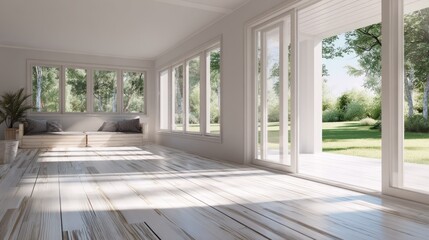 Bright modern sunlit room opens to a lush green garden.