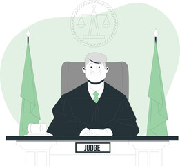 Judge sitting at desk with flags and scales of justice in the background