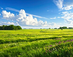 Vast meadow bathed in sunlight, with fluffy white clouds against a blue sky, trees in the distance