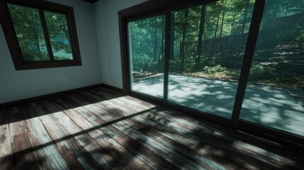 Empty room with large windows offers views of a sun-dappled forest path.