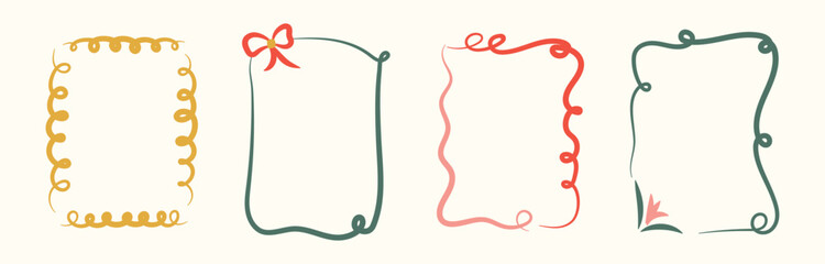 Hand Drawn xmas red, green, yellow frame set with doodle bows, lace, ribbons. Coquette whimsical line borders for Merry Christmas, New Year, birthday, wedding, poster. Vintage minimalist vector illust