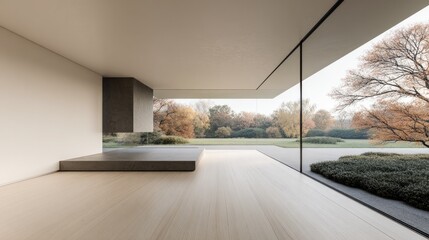 Modern minimalist interior with large glass windows overlooking autumn park scenery.