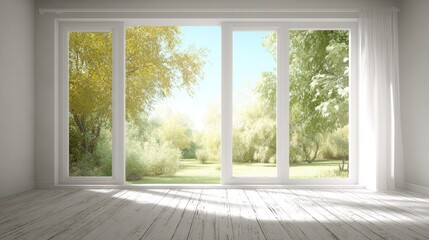Sunny park view through a large glass door with white curtains and wood floor.