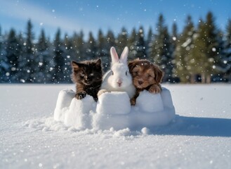 Kitten, rabbit, and puppy in a snow fort during winter. Cute pet animal friends playing happily in cold weather for Christmas card.