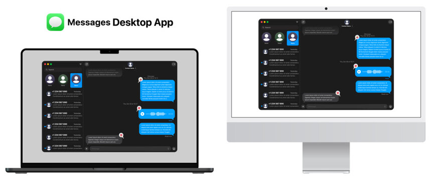 iMessage Web Desktop App UI design in dark mode, shown on MacBook Pro and iMac, presented as clean vector designs with transparent background for modern desktop messaging interface.