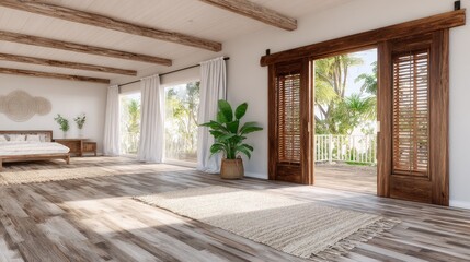 Spacious bedroom opens to a sunny balcony and lush green trees.