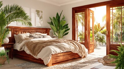 Tropical bedroom with wooden furniture opens to a sunny garden oasis.