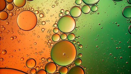 An abstract close-up of colorful oil drops floating on a vibrant orange and green water surface