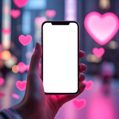 The concept of celebration Valentine phone mockup. A mockup of a modern phone in a woman's hand against a background of red pink Heart.