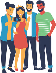 Obraz premium Group of friends taking a selfie with a camera on a white background, enjoying a fun moment together