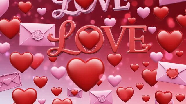 Digital illustration of floating hearts and envelopes with 'LOVE' text in pink hues