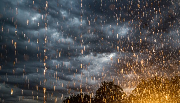 Golden Streaks Against Dark Stormy Sky and Silhouetted Trees - Powered by Adobe