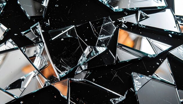 Broken mirror shards scattered on a dark surface reflecting ambient warm lights in a dramatic and fragmented composition