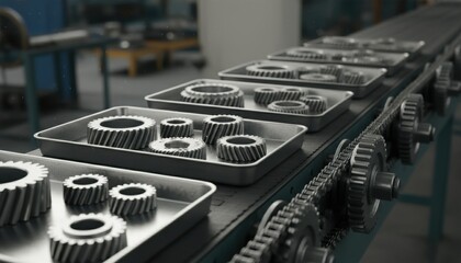 Industrial gears on a conveyor belt in a factory setting, showcasing precision manufacturing and automation processes.