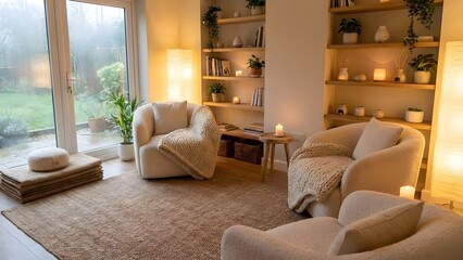 Obraz premium Cozy living room with plush armchairs knitted blankets bookshelves and ambient lighting