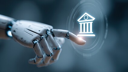Robotic hand interacts with a banking symbol on a glowing circular interface