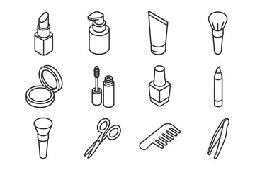 Outline icons of cosmetics and beauty tools including lipstick, cream, makeup brush, and more.